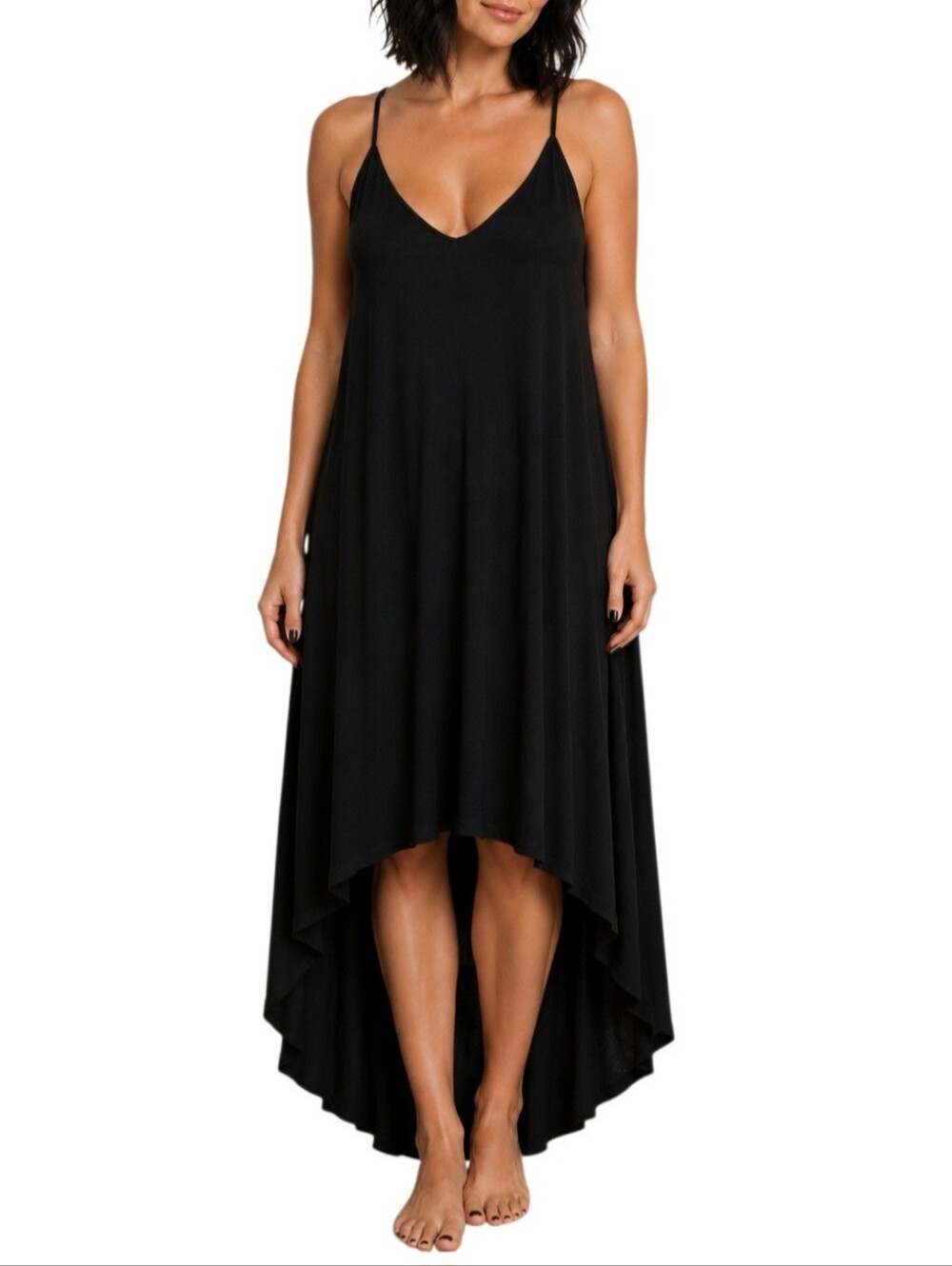 0176 Double Zero Black High Low Maxi Dress Small Boho Minimalist Y2K Lightweight